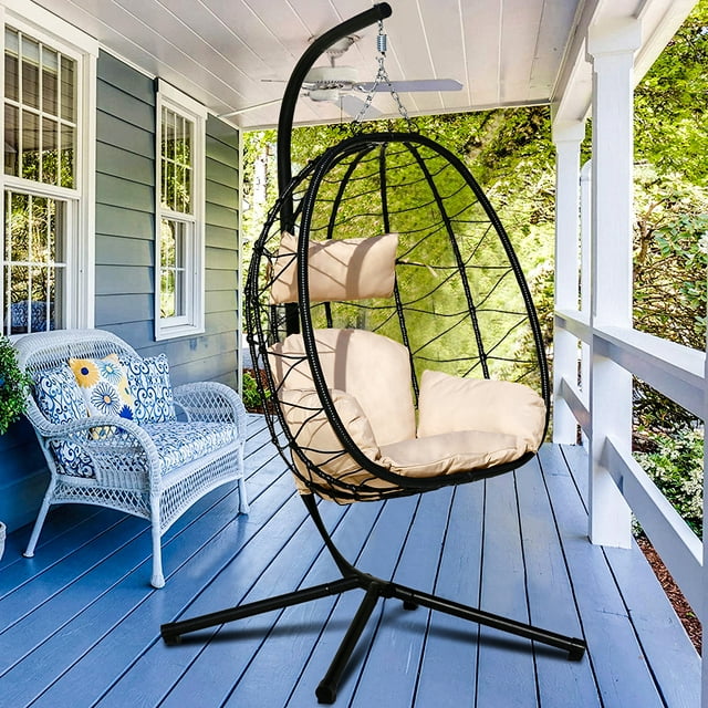 Outdoor Patio Furniture, Hanging Egg Chair with Stand, Black Rattan Wicker Egg Hammock Chair with Hanging Kits, Swinging Egg Chair for Indoor, Bedroom, Patio, Garden, Balcony, Beige Cushion, W8047
