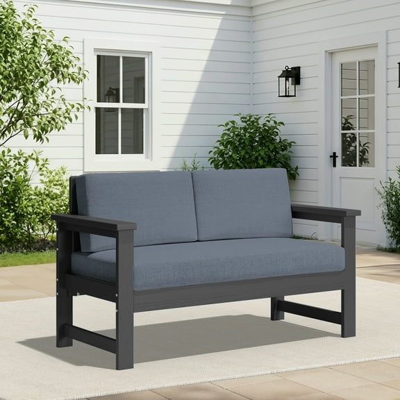 Outdoor Patio Furniture Set, 2-Seater HDPE Loveseat Sofa, Weather-Resistant Outdoor Furniture,Black Frame with Gray Cushions