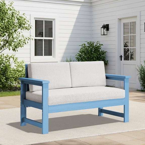 Outdoor Patio Furniture Set, 2-Seater HDPE Loveseat Sofa, Weather-Resistant Outdoor Furniture,Navy Blue Frame with Khaki Cushions