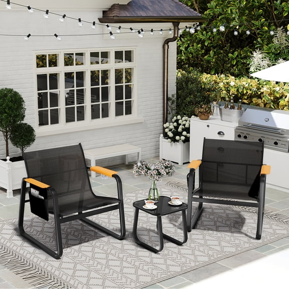 Junkai Outdoor Patio Furniture Set 3-Piece Bistro Set, Breathable Textilene Chairs with Wide Armrests & Side Storage Pockets, All-Weather Conversation Furniture with Glass Side Table(Black)