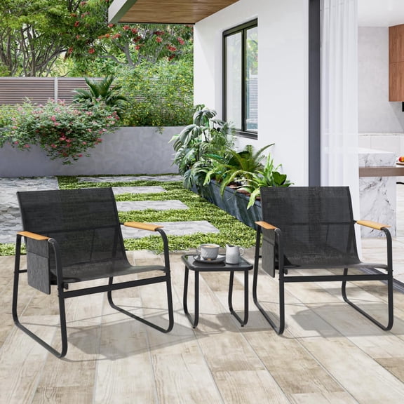 Junkai Outdoor Patio Furniture Set 3-Piece Bistro Set, Breathable Textilene Chairs with Wide Armrests & Side Storage Pockets, All-Weather Conversation Furniture with Glass Side Table(Black)