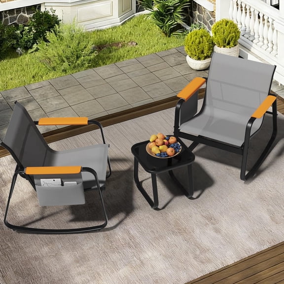 Outdoor Patio Furniture Set 3-Piece Bistro Set, Breathable Textilene Rocking Chairs with Wide Armrests & Side Storage Pockets, All-Weather Furniture with Glass Side Table for Backyard(Gray)