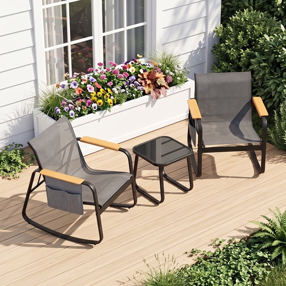 Junkai 3-Piece Bistro Set, Textilene Rocking Chairs with Glass Side Table, All-Weather Outdoor Furniture for Patio Backyard, Gray