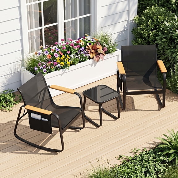 Junkai Outdoor Patio Furniture Set 3-Piece Bistro Set, Breathable Textilene Rocking Chairs with Wide Armrests & Side Storage Pockets, All-Weather Furniture with Glass Side Table for Backyard(Black)