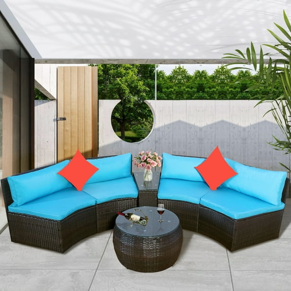 Outdoor Patio Furniture Set, 4 Piece All Weather Wicker Sofa Sets with Coffee Table and Blue Cushions, Patio Sectional Conversation Chairs Set, for Backyard, Poolside, Garden, D8573