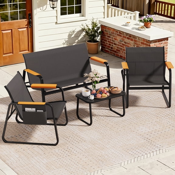 Junkai Outdoor Patio Furniture Set 4-Piece, Breathable Textilene Loveseat & Chairs with Wide Armrests & Side Storage Pockets (Black)