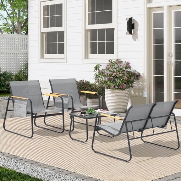 Junkai 4-Piece Breathable Textilene Outdoor Conversation Sets with Loveseat and Chairs, Gray