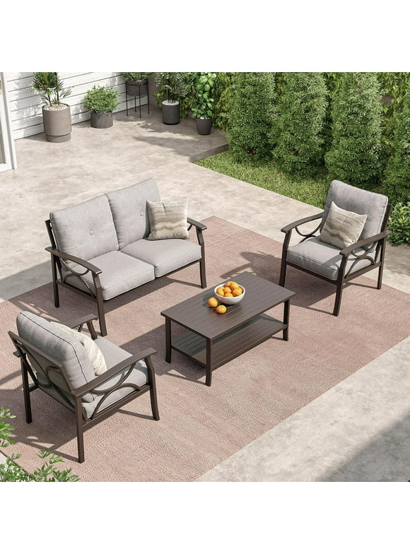 Outdoor Patio Furniture Set, 4 Piece Patio Conversation Set with Coffee Table, Metal Furniture Set for Porch Backyard Garden, Grey