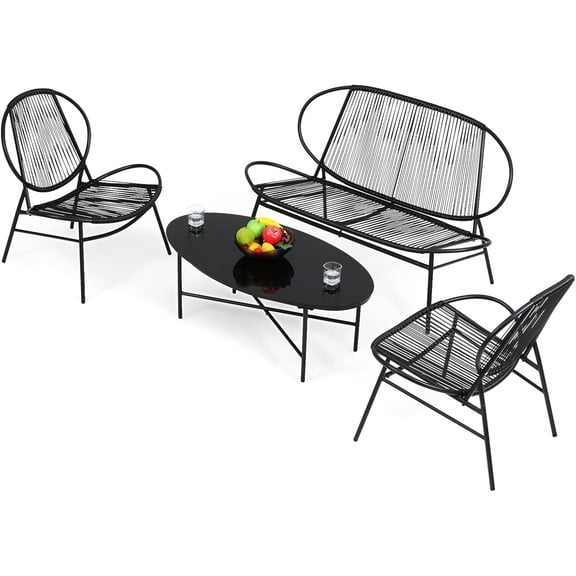Outdoor Patio Furniture Set 4 Pieces, Metal Outdoor Table and Acapulco Chairs, Small Patio Furniture Bistro Conversation Set for Balcony, Front Porch, Backyard, Garden, Black