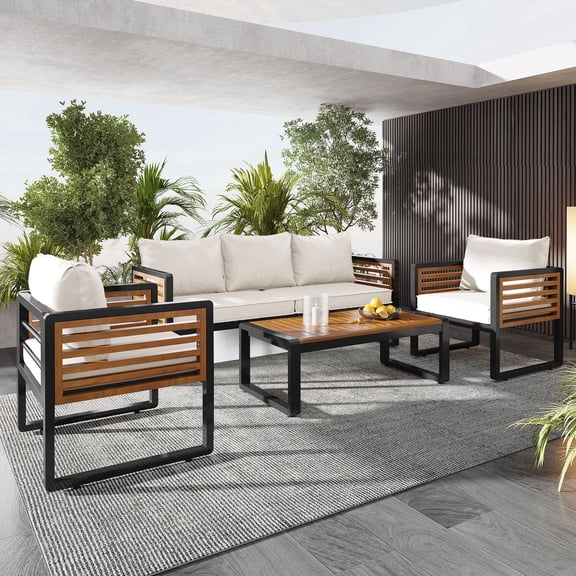 Vanress Outdoor Patio Furniture Set, 4 Pieces Sectional Metal Conversation Sofa Modern Seating Set with Coffee Table for Outdoor Garden Backyard, Beige