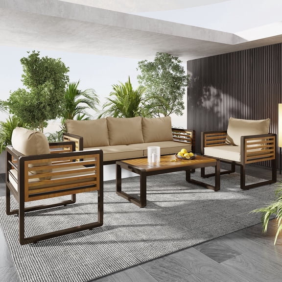 Outdoor Patio Furniture Set, 4 Pieces Sectional Metal Conversation Sofa Modern Seating Set with Coffee Table for Outdoor Garden Backyard, Brown