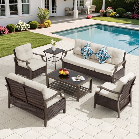 Outdoor Patio Furniture Set, 6 Pieces Outdoor Conversation Sets with Coffee Table & Side Table, Wicker Rattan Outdoor Sectional Sofa Set for Backyard, Deck, Porch, Poolside, Beige