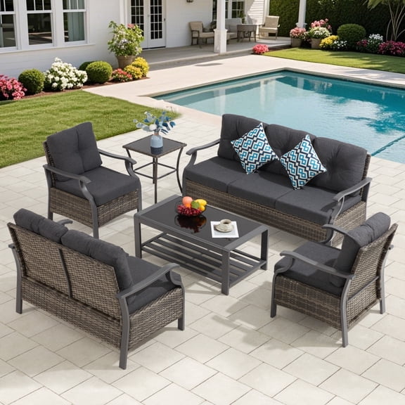 Outdoor Patio Furniture Set, 6 Pieces Outdoor Conversation Sets with Coffee Table & Side Table, Wicker Rattan Outdoor Sectional Sofa Set for Backyard, Deck, Porch, Poolside, Gray