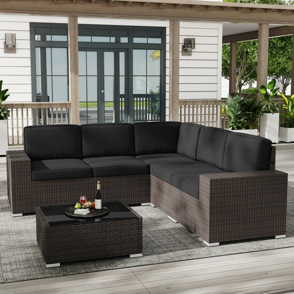 Outdoor Patio Furniture Set 6 Pieces Sectional Conversation Sofa Set Brown Rattan Sofa Set with Coffee Table