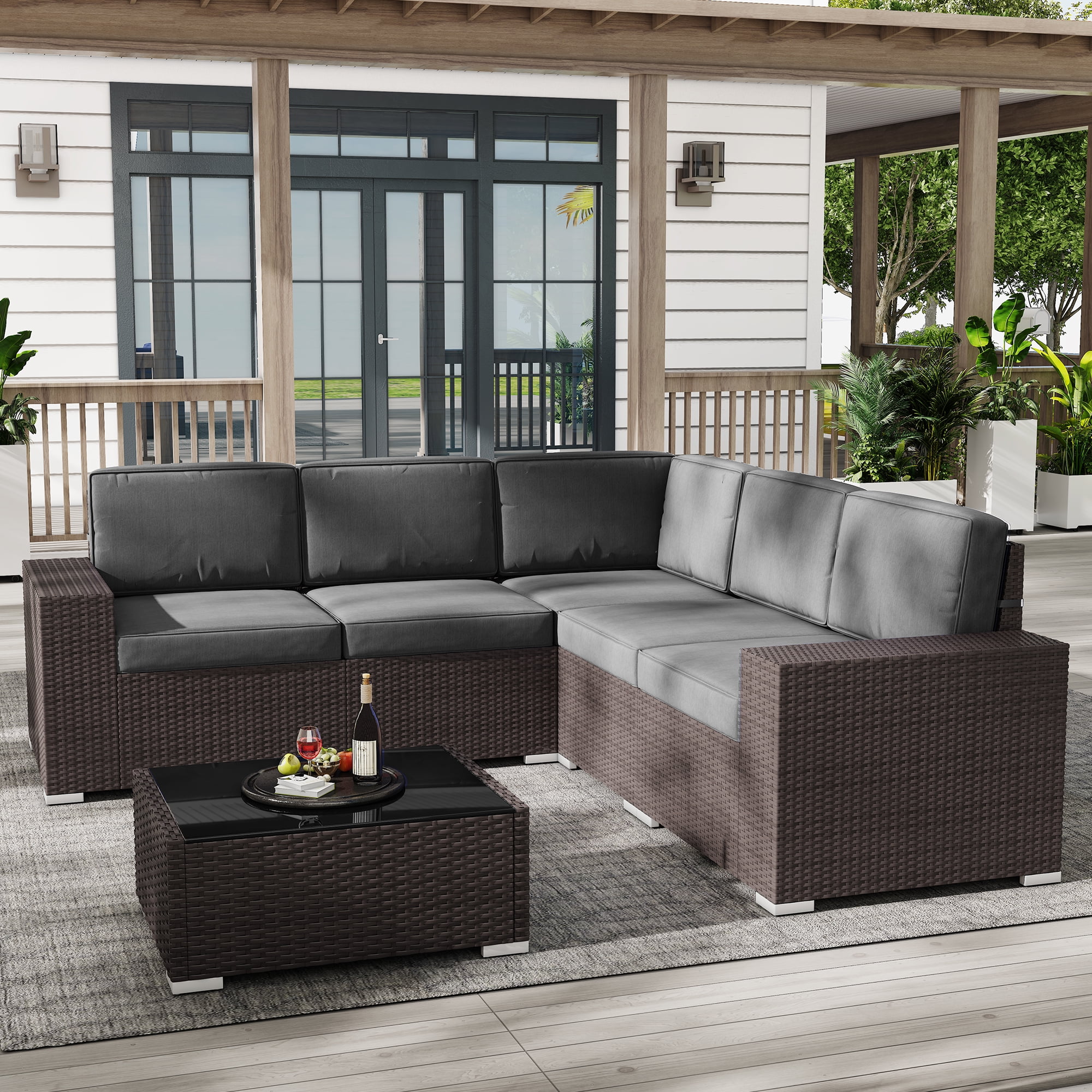 6Piece Brown Rattan Corner Sofa Set Outdoor Patio Conversation