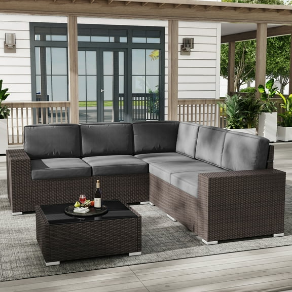 Outdoor Patio Furniture Set 6 Pieces Sectional Conversation Sofa Set Brown Rattan Sofa Set with Coffee Table