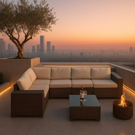 6- Piece Wicker Outdoor Sectional with Sofa and Coffee Table, Blue