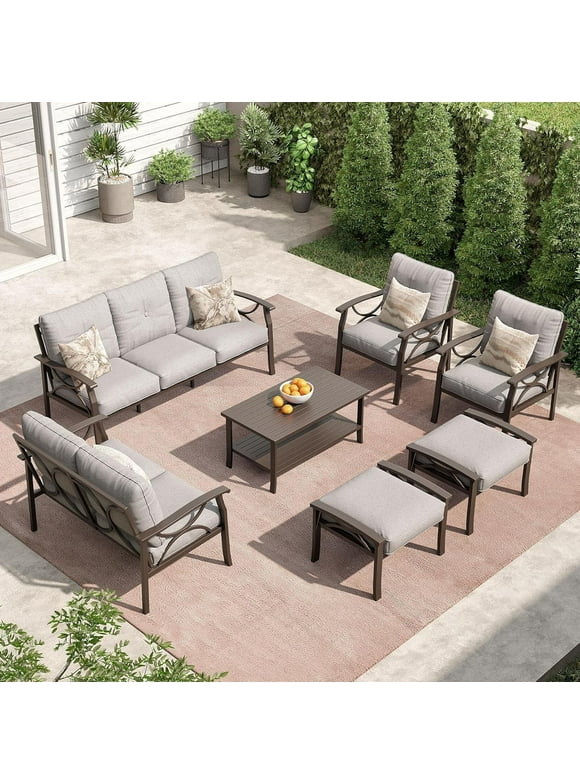 Outdoor Patio Furniture Set, 7 Piece Patio Conversation Set with Coffee Table and Ottomans, Metal Furniture Set for Porch Backyard Garden, Grey