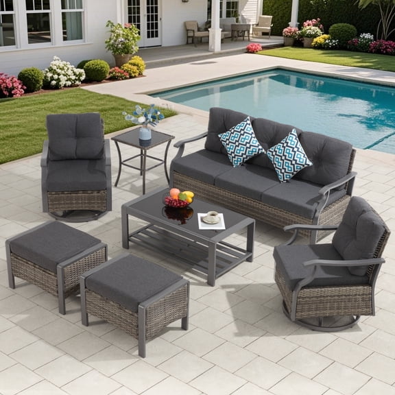 Outdoor Patio Furniture Set, 7 Pieces Outdoor Conversation Sets with Coffee Table, Side Table & Ottoman, Wicker Rattan Outdoor Sectional Sofa Set for Backyard, Deck, Porch, Poolside, Gray