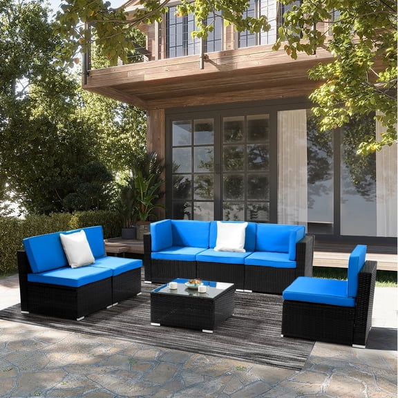 Outdoor Patio Furniture Set, 7 Pieces Outdoor Furniture All Weather Patio Sectional Sofa PE Wicker Modular Conversation Sets with Coffee Table,6 Chairs & Seat Clips Blue