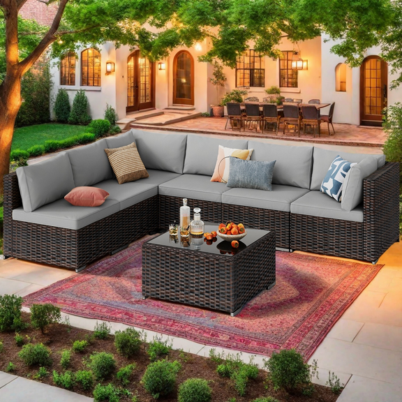 Outdoor Patio Furniture Set, 7 Pieces Rattan Wicker Sectional Furniture for Backyard (Gray)