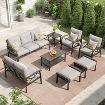 Outdoor Patio Furniture Set, 8 Piece Patio Conversation Set with Coffee Table Side Table and Ottomans, Metal Furniture Set for Porch Backyard Garden, Grey