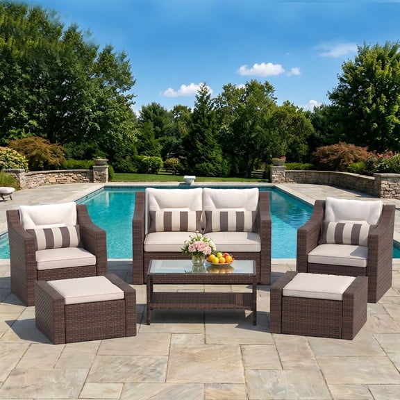Junkai 9/6 Piece Rattan Patio Furniture Set Lounge Chairs With Ottomans, Coffee Table, Plush Cushions Outdoor Patio Furniture Set,