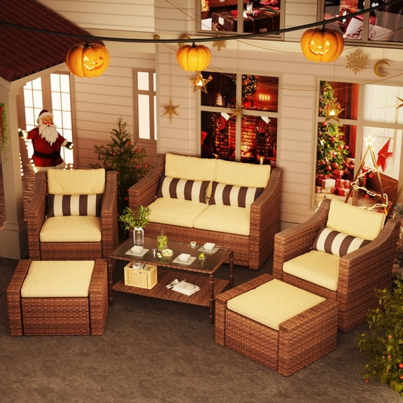 9/6 Piece Rattan Patio Furniture Set Lounge Chairs With Ottomans, Coffee Table, Plush Cushions Outdoor Patio Furniture Set,