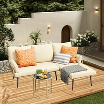 Outdoor Patio Furniture Set, Asofer Wicker Rattan L-Shaped Conversation Sectional Sofa Set with Thick Cushions & Table, Beige
