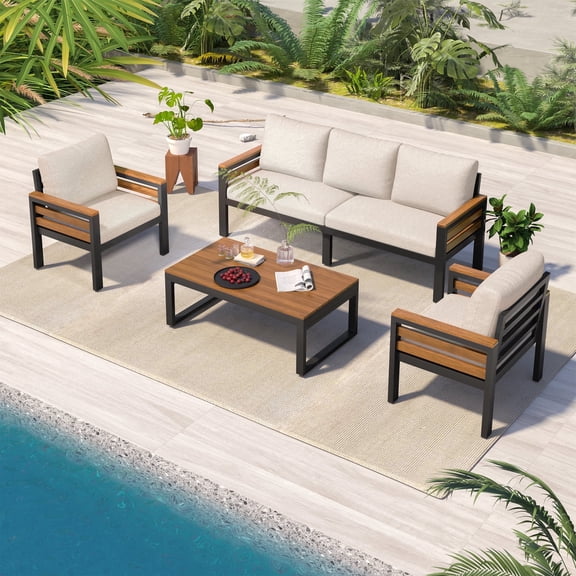 Vanress Outdoor Patio Furniture Set with Coffee Table, 4 Piece Patio Conversation Sets with Washable Thick Cushions, Outdoor Sectional Furniture Set for Porch, Balcony, Deck, Beige