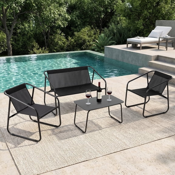 4-Piece Outdoor Patio Conversation Set, Modern All-Weather Furniture Set with 2-Person Loveseat, 2 Stationary Chairs and Metal Coffee Table, Heavy Duty Steel Frame Garden Set for 4 Persons, Black