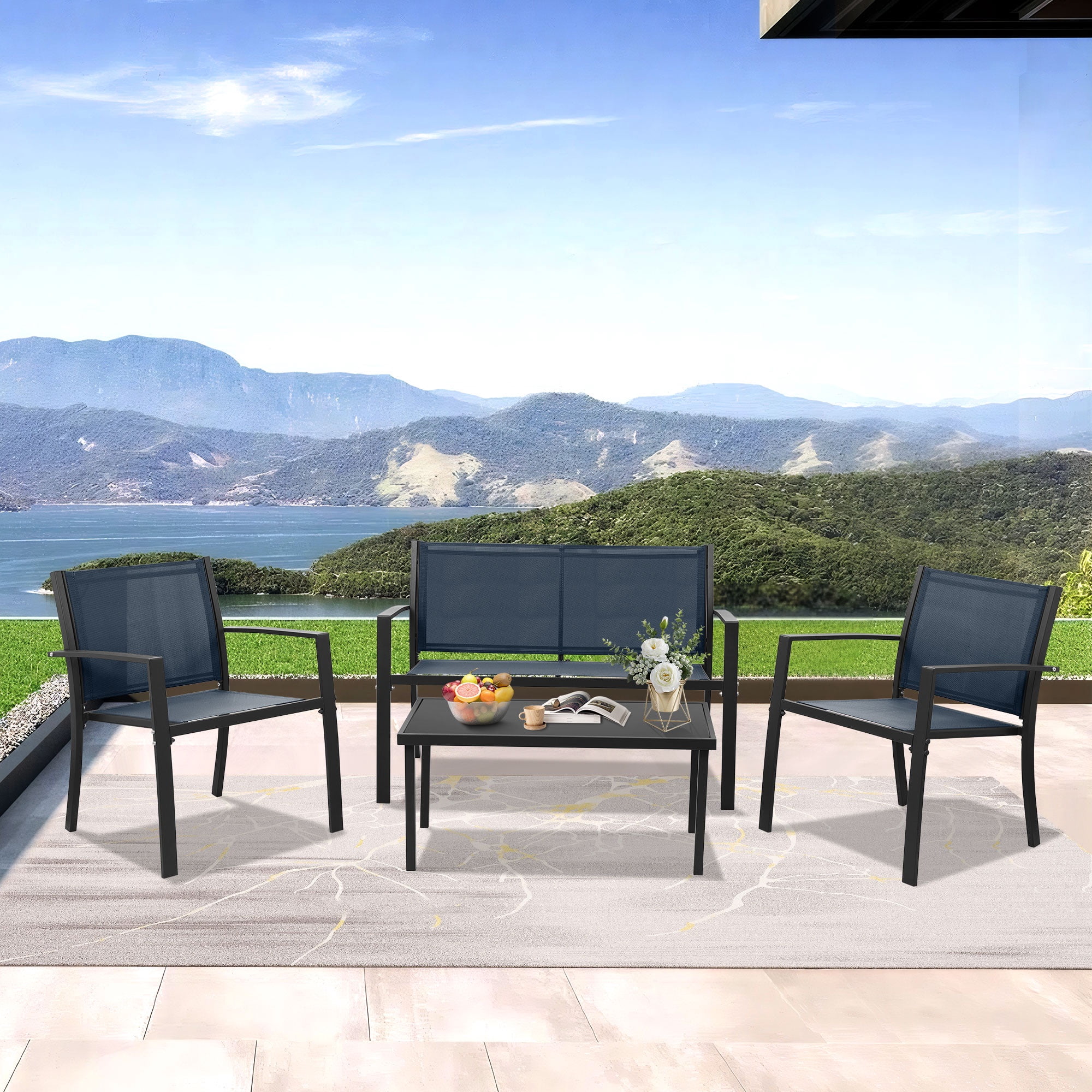 Segmart 4 Piece Outdoor Conversation Set, Steel Frame/Blue Cushions ...
