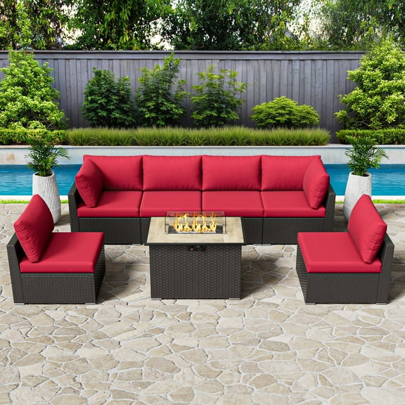 Outdoor Patio Furniture Set Sectional Couch and Chairs with Propane Fire Pit Table (Light Red, 6 Seat)