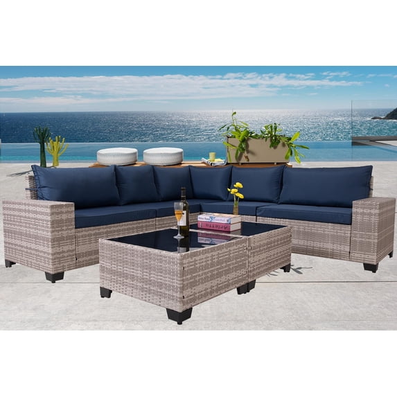 Outdoor Patio Furniture Set, Sectional Rattan Outdoor Sofa Set Gray White PE Rattan Wicker with Navy Cushion, Patio Conversation Set with 5 Seat Cushions and 2 Tempered Glass Table, 7 Pieces