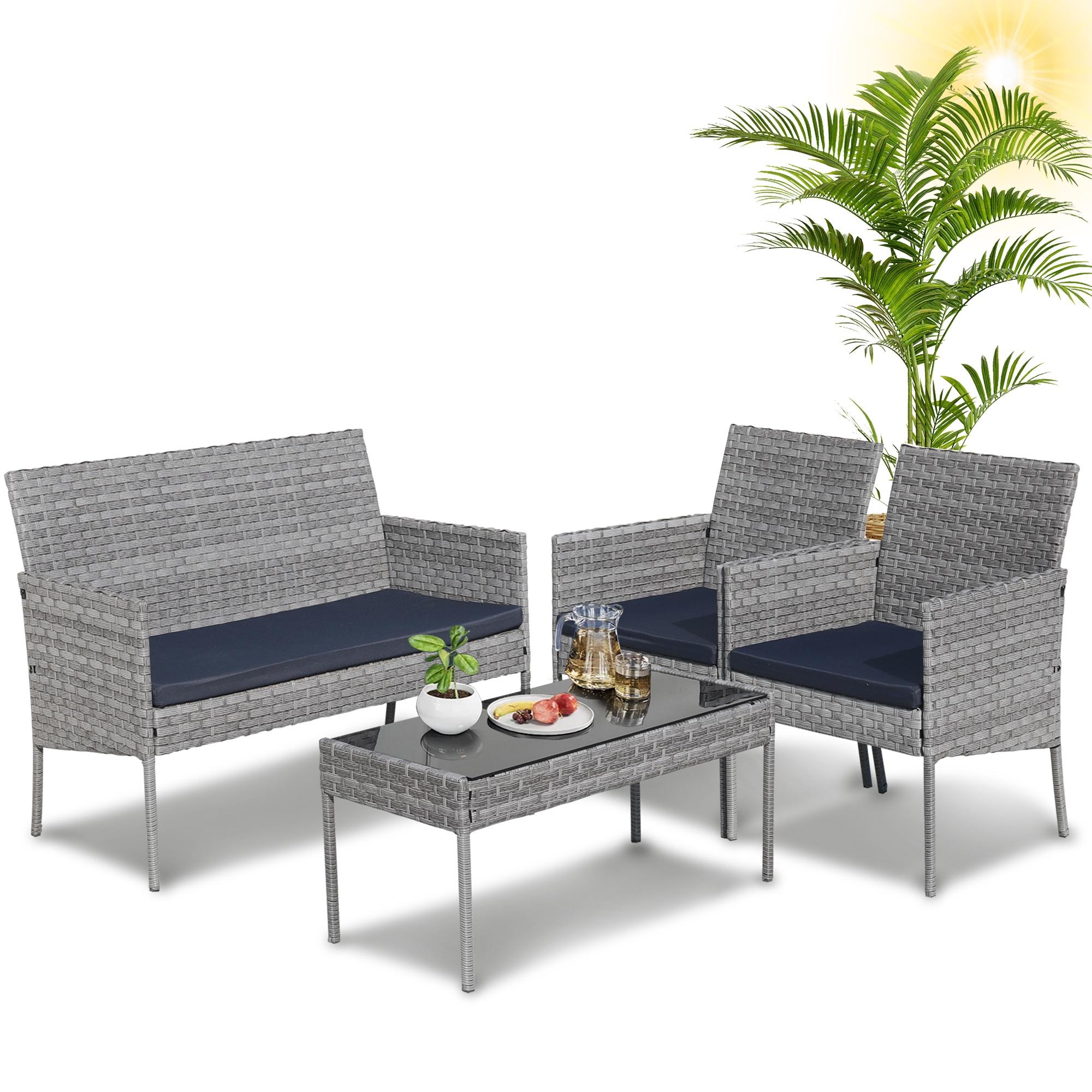 Outdoor Patio Furniture Set, Seizeen 4 Pieces Rattan Conversation Set Cushioned Sofa & Charis, Deck Garden Poolside Furniture Table Set for 4, Gray - image 1 of 11