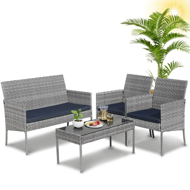 Outdoor Patio Furniture Set, Seizeen 4 Pieces Rattan Conversation Set Cushioned Sofa & Charis, Deck Garden Poolside Furniture Table Set for 4, Gray