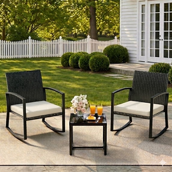 Outdoor Bistro Chair Set - 3 Piece Motion Rocker with Extra-Wide Seat, Reinforced Steel Frame, All-Weather Handwoven Wicker for Porch, Garden, Balcony,Beige