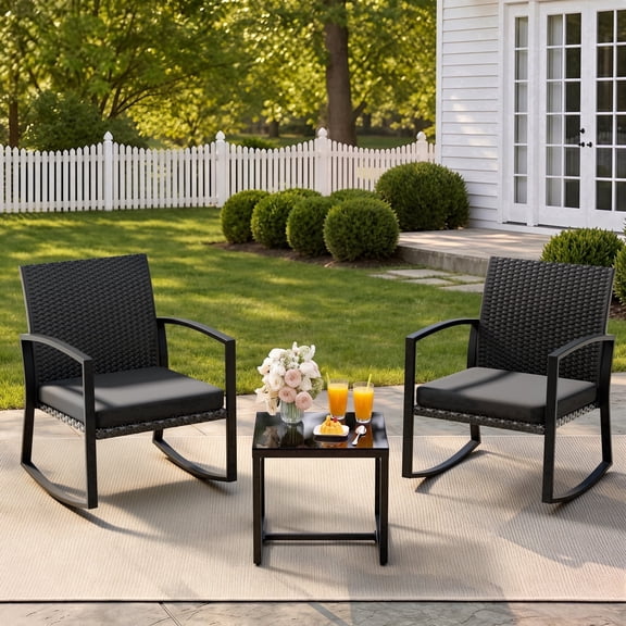 Outdoor Bistro Chair Set - 3 Piece Motion Rocker with Extra-Wide Seat, Reinforced Steel Frame, All-Weather Handwoven Wicker for Porch, Garden, Balcony,Medium Gray