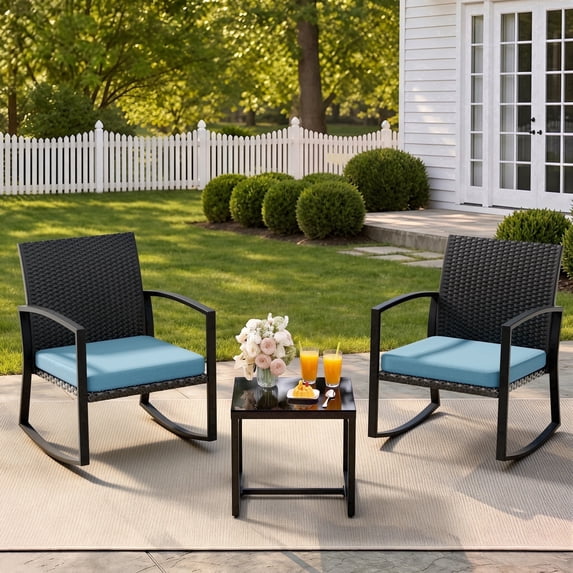 Outdoor Bistro Chair Set - 3 Piece Motion Rocker with Extra-Wide Seat, Reinforced Steel Frame, All-Weather Handwoven Wicker for Porch, Garden, Balcony,Blue