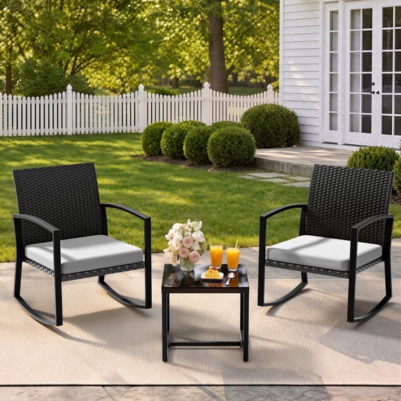 Outdoor Bistro Chair Set - 3 Piece Steel Smooth Rocking Outdoor Conversation Sets with Rocking Chairs and Table, Gray