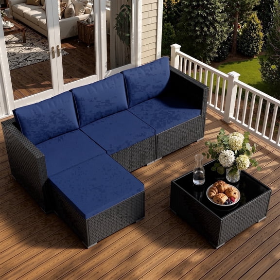 Outdoor 5 Piece Wicker Sectional Couch with Chaise Lounge – All-Weather PE Rattan Patio Conv0ersation Set, Wide Armrests, Sofa for Backyard, Porch, Poolside, Black/Navy