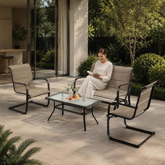 Outdoor Patio Furniture Set, with glider loveseat, 2 spring motion rocking chairs, tempered glass coffee table, brown