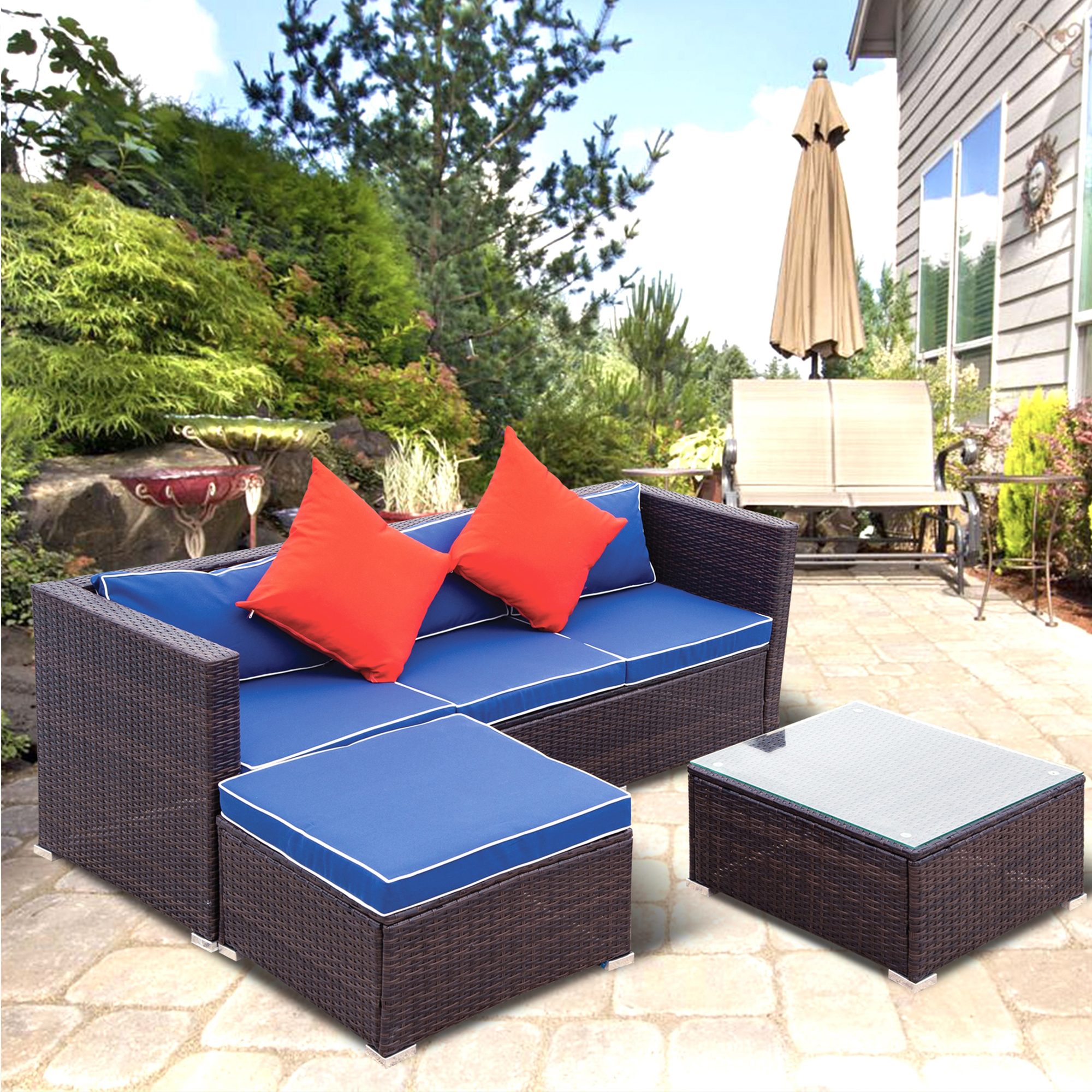 Outdoor Patio Furniture Sets, 3 Piece Ratten Wicker Sectional Sofa Set, Patio Furniture with 3-Seating Sofa, 1 Ottoman & Coffee Table, Patio Conversation Sets for Backyard Lawn Garden, Blue, W10965 - image 1 of 11