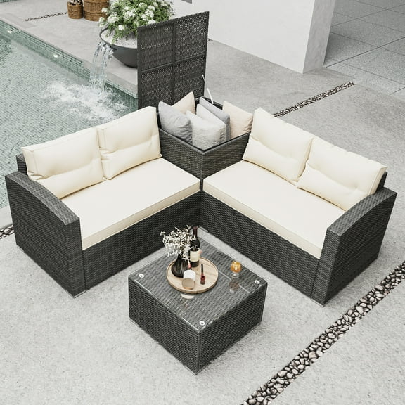 Outdoor Patio Furniture Sets, 4 Pieces Wicker Sectional Sofa Set with 2 Cushioned Loveseats, Glass Coffee Table and Side Cabinet, Rattan Conversation Set for Backyard, Poolside, Deck, Beige, D5642