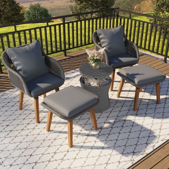 5 Pieces Patio Furniture Set, Outdoor Patio Conversation Set with Cooler Bar Table, Luxurious Bistro Set Armchair w/Ottomans, Porch Garden, Gray Cushions