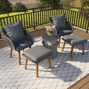 5 Pieces Patio Furniture Set, Outdoor Patio Conversation Set with Cooler Bar Table, Luxurious Bistro Set Armchair w/Ottomans, Porch Garden, Gray Cushions