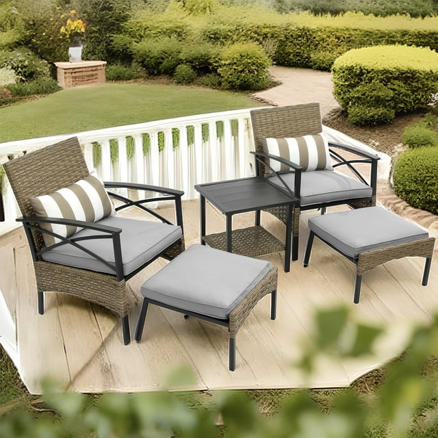 Outdoor Patio Furniture Sets, 5 Piece Wicker Patio Bar Set, 2pcs Arm Chairs, 2 Footstool&Coffee Table, Outdoor Conversation Sets for Backyard Lawn Poolside Garden, Gray Cushion