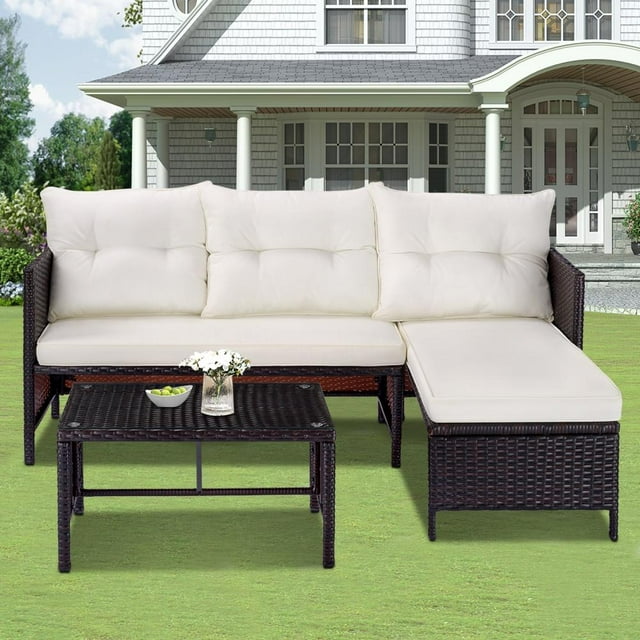 Outdoor Patio Furniture Sofa Set, 3-Piece All-Weather Wicker Conversation Set, Rattan Combination Furniture with Cushions & Coffee Table, Garden Pool Deck Sectional Sofa Lounge Set, B636