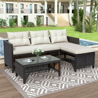 Outdoor Patio Furniture Sofa Set, 3-Piece All-Weather Wicker Conversation Set, Rattan Combination Furniture with Cushions & Coffee Table, Garden Pool Deck Sectional Sofa Lounge Set, B636