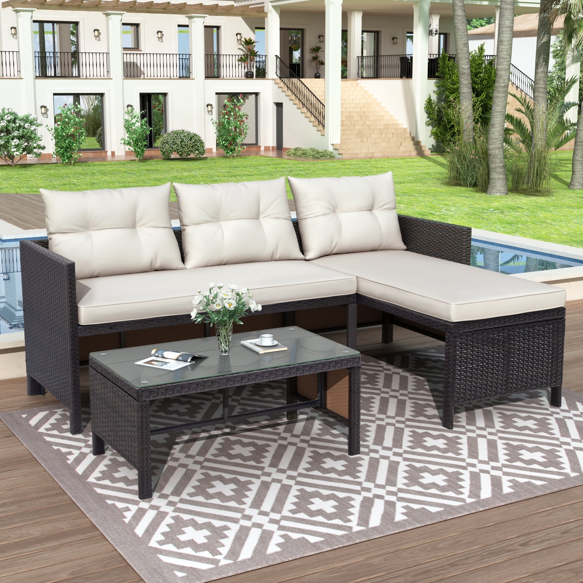 Outdoor Patio Furniture Sofa Set, 3-Piece All-Weather Wicker Conversation Set, Rattan Combination Furniture with Cushions & Coffee Table, Garden Pool Deck Sectional Sofa Lounge Set, B636